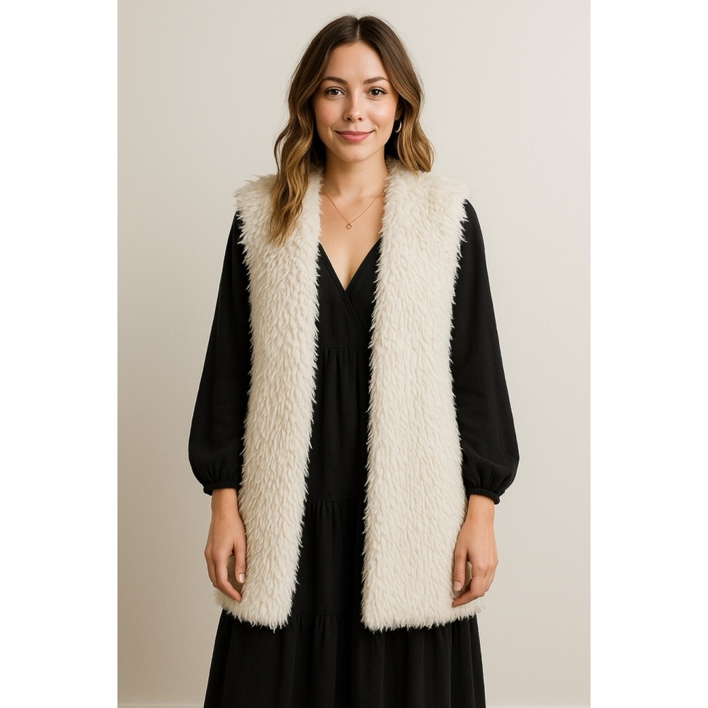 Boho Shaggy Long Faux Fur Vest - Me Jane - White/Cream Size Large Bohemian Chic